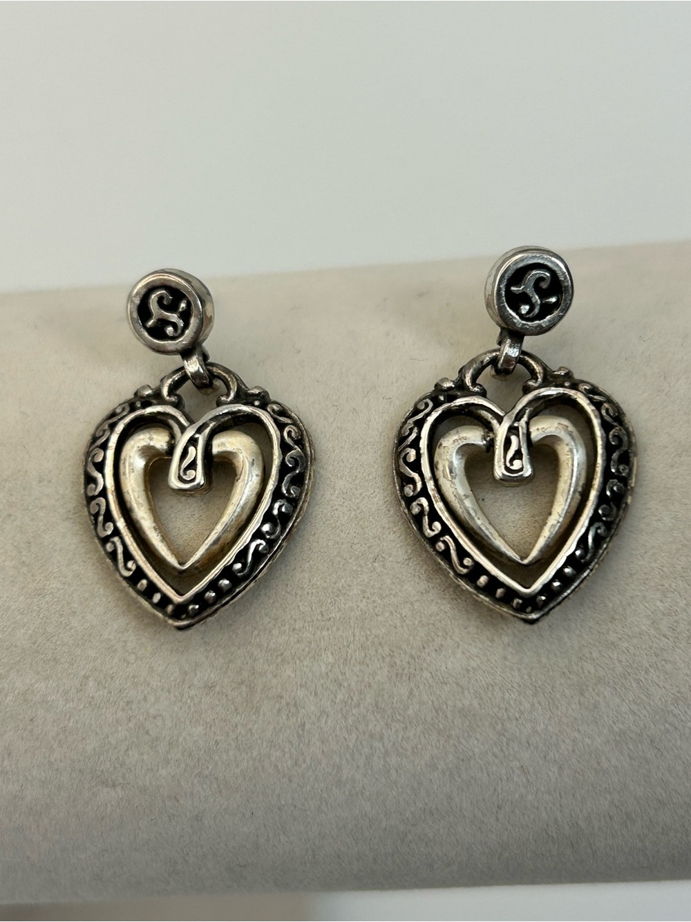 Brighton Ellington Heart Earrings Silver Plated Dangle Drop Posts 1.25" No Backs